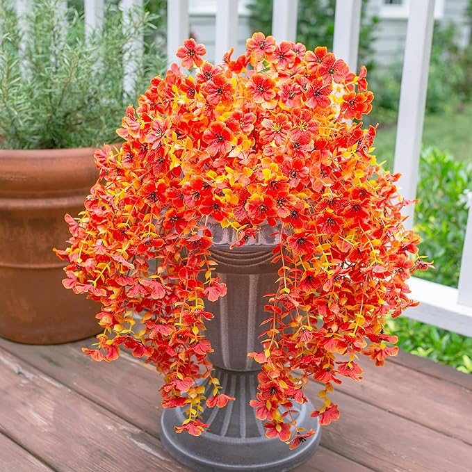 Fall Artificial Flowers for Outdoors Fake Silk Flower, 2Pcs Red Orange Daisy Autumn Decor, Realistic Hanging Decoration Plants, UV & Fading Resistant for Porch Patio Balcony Planter