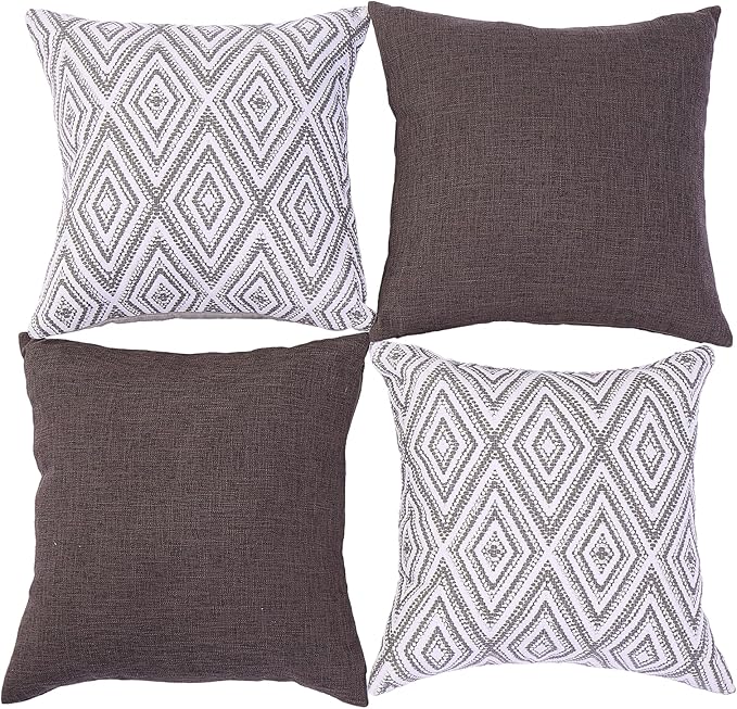HPUK Decorative Throw Pillow Covers Set of 4 Dark Gray Geometric Design Linen Cushion Cover for Couch Sofa Living Room, 18"x18", Natural
