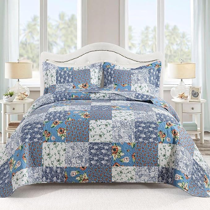 VAPUTAR Queen Size Quilt Set - Reversible Floral Queen Size Bedspreads with Wavy Edges - Lightweight Farmhouse Queen Quilt Bedding Sets for Bed Decorations, 3 Pieces