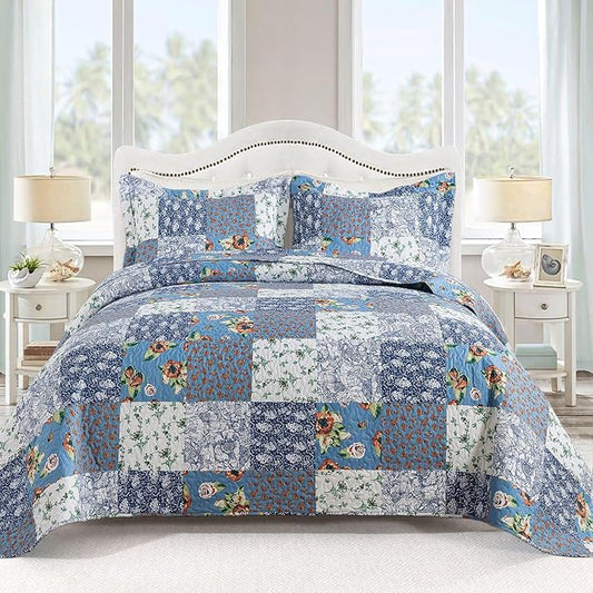 VAPUTAR Queen Size Quilt Set - Reversible Floral Queen Size Bedspreads with Wavy Edges - Lightweight Farmhouse Queen Quilt Bedding Sets for Bed Decorations, 3 Pieces