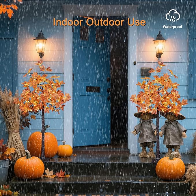 LIGHTSHARE 2PCS 4FT 144LED Artificial Lighted Maple Tree Warm White Halloween Fall Decorations Indoor Outdoor, Orange