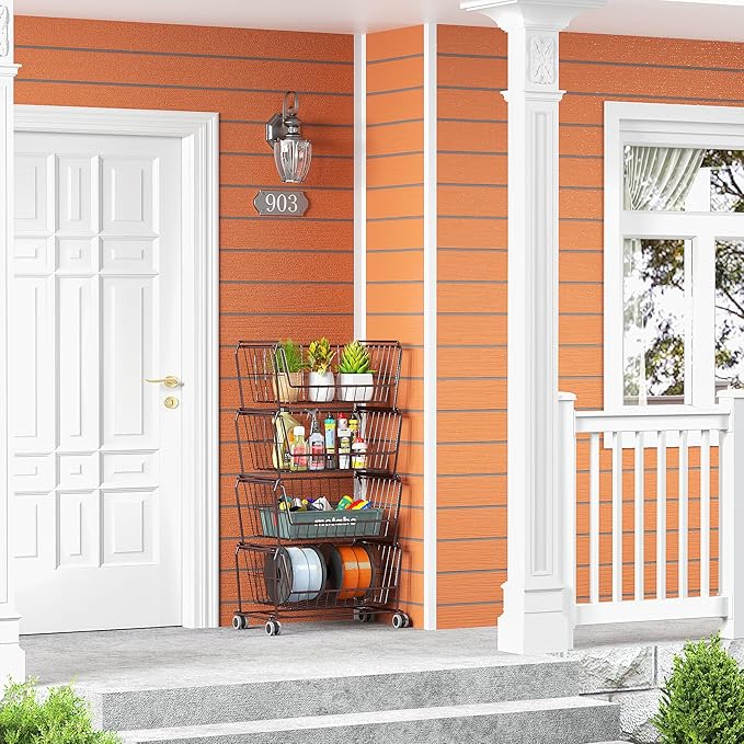 PUSDON Stackable Metal Storage Carts, Dual Use Shelf for Kitchen Fruit Vegetable Baskets with Wheels, Storage Rack for Living Room, Home & Office, Standard Bronze 6 Tiers