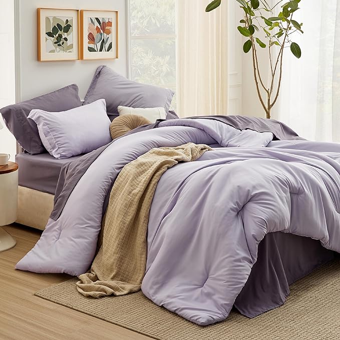 Bedsure King Size Comforter Set - 7 Pieces Lavender King Bedding Set for All Seasons, Boho Contrasting Design Bed in a Bag with Comforter, Sheets, Pillowcases & Shams
