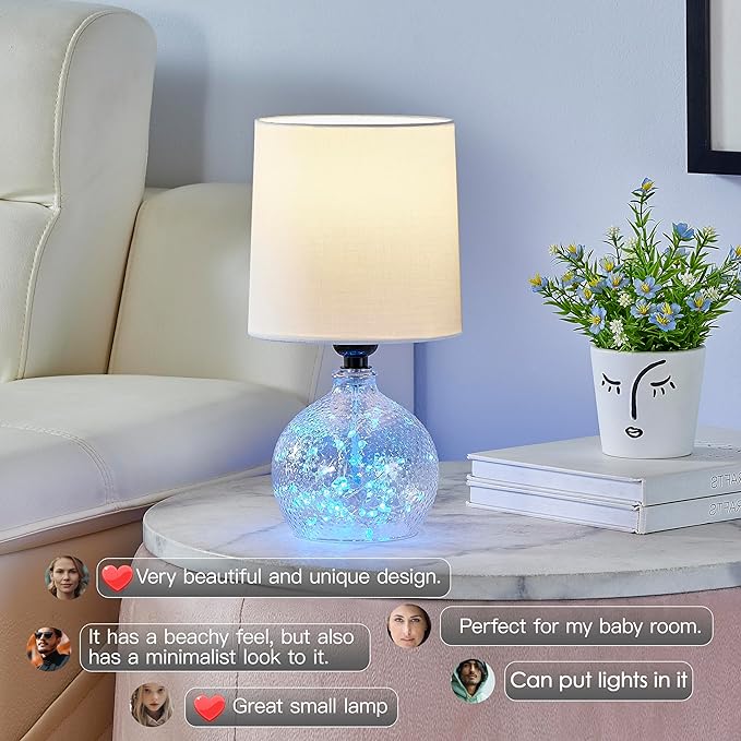 Small Table Lamps Set of 2-13.5" Modern Table Lamp for Bedroom - Bedside Lamps - Glass Table Lamp for Small Spaces, Living Room, Nightstand, Office, Side Desk Lamp, End Table