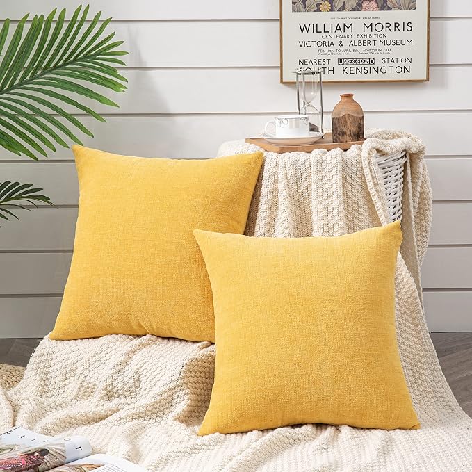 GAWAMAY Decorative Chenille Throw Pillow Covers 26x26 Inch Pack of 2, Soft Square Couch Pillow Cover for Sofa Cushion Living Room Bedroom Solid Dyed Oversized Pillowcases Yellow 66x66cm (ONLY Covers)