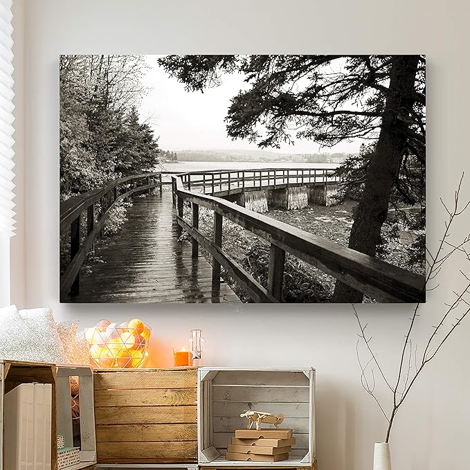 Renditions Gallery Nature Home Decor Landscape View of Rainy Forest Bridge along the River Side Wall Hanging Artwork for Bedroom Living Room Office - 18"X27" LT08