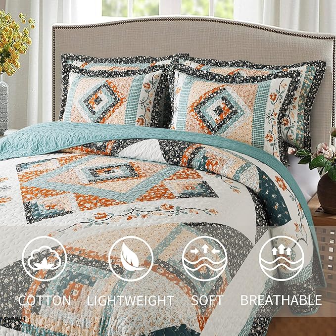 VAPUTAR Quilt King Size Bedding Set - 3 Pieces King Quilt Bedding Set, Boho King Size Quilt, Lightweight Reversible Coverlet Bedspread for Farmhouse Bedroom (Floral)