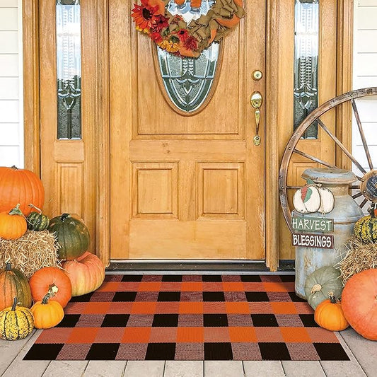 KOZYFLY Buffalo Plaid Rug 27.5x43 Inches Orange and Black Checke Rug Halloween Fall Door Mat Cotton Washable Area Rugs Door Mat Outdoor Entrance for Front Porch Entryway Fall Farmhouse