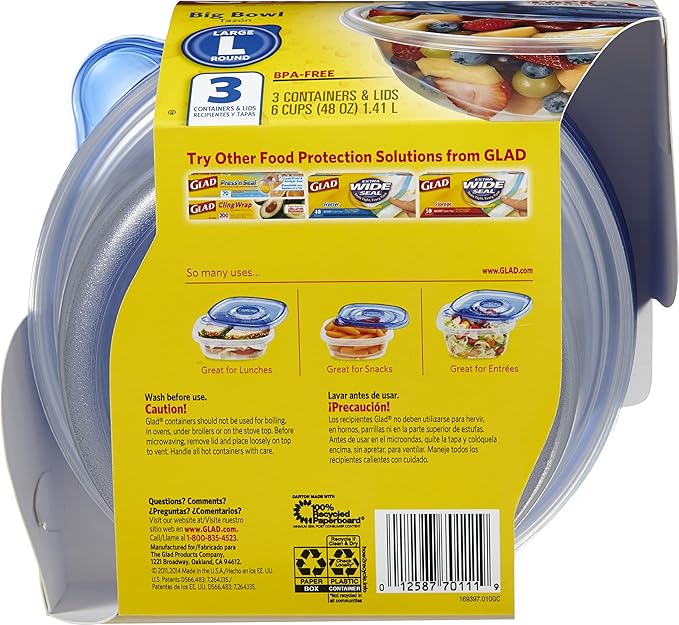 Glad Big Bowl Food Storage Containers, Large Round - (48 Oz) - 3 Count, Standard