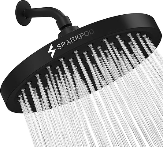 SparkPod Shower Head - High Pressure Rain - Premium Quality Luxury Design - 1-Min Install - Easy Clean Adjustable Replacement for Your Bathroom Shower Heads (Midnight Black Matte, 8 Inch Round)