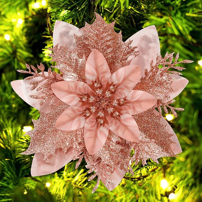 Christmas Poinsettia Artificial Flowers Decorations 5.5" Christmas Tree Wreaths Garland Decoration 12 Pcs Glitter Flowers Picks Decor for Xmas Wedding Party Ornaments (Rose Gold)