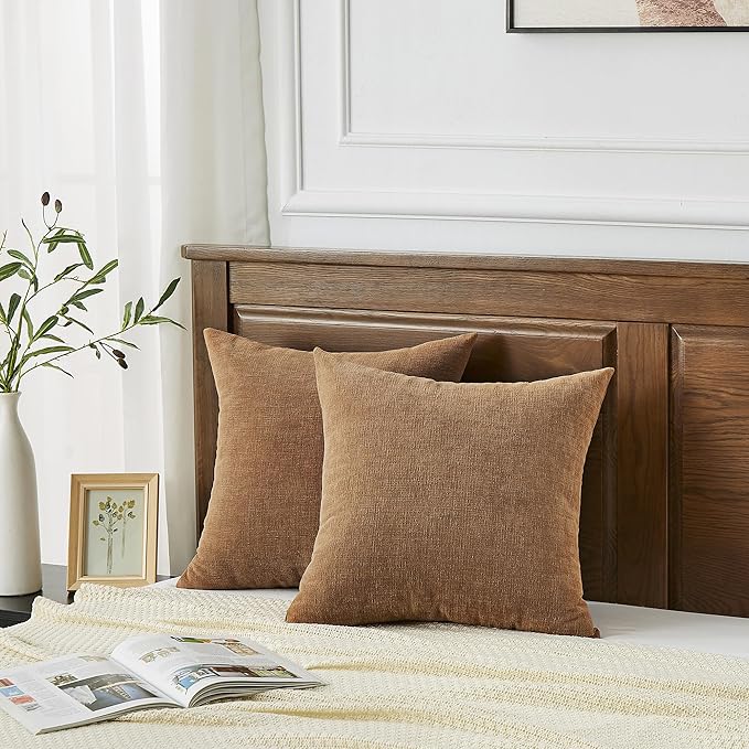 GAWAMAY Decorative Square Throw Pillow Covers 22x22 Inch Set of 2, Super Soft Chenille Pillows Farmhouse Fall Pillowcase for Living Room Bedroom Sofa Couch Cushion Cover Brown 55x55cm (No Inserts)