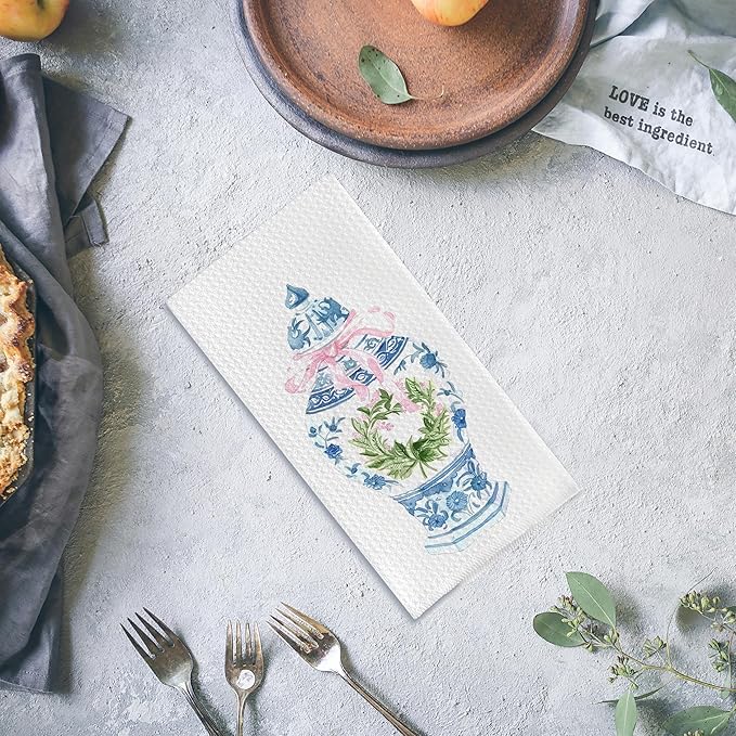 Blue and White Porcelain Kitchen Towels and Hand Towels, 16x24 Inches - Pink Coquette Bow Design, Chinoiserie Decor