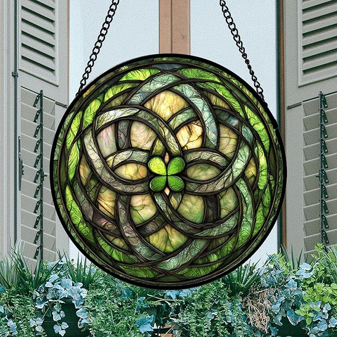 Stained Glass Window Hanging, Abstract Green Clover Sun Catchers Colorful Glass Panel Bless Suncatcher Decor for Birthday for Women, Men, Wife, Aunt, and Mom 14.9x14.9 in