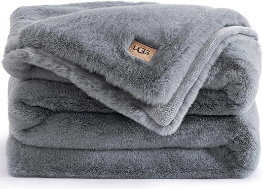 UGG Plush Faux Fur Throw Blanket Reversible Medium Weight Luxury Soft Throw Blankets for Bed or Chair, Hypoallergenic, Machine Washable, Home Decor, 50-inch x 70-inch, Chambray Blue Grey (Euphoria)