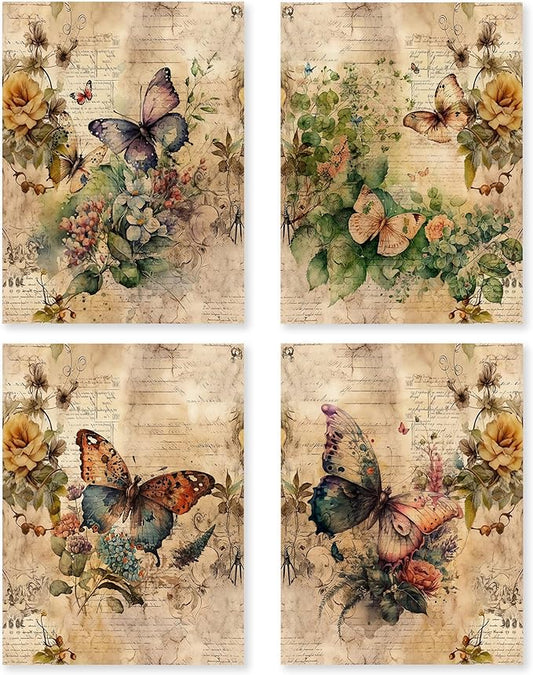 HRQKO Vintage Retro Butterfly Flower Wall Art Poster Prints Set of 4, Butterfly Floral Pictures Artwork Printing Posters Wall Decor, Blossom Botanical Prints for Bathroom Living Room 12”x16”