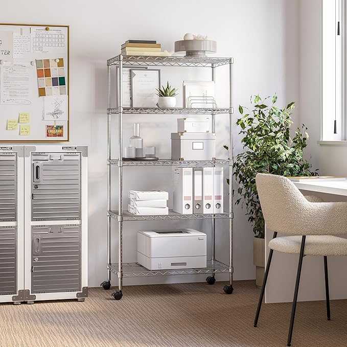 Seville Classics 5-Tier Wire Shelving with Wheels, 5-Tier, 30"" W x 14"" D (NEW MODEL), Chrome Plating, Plated Steel