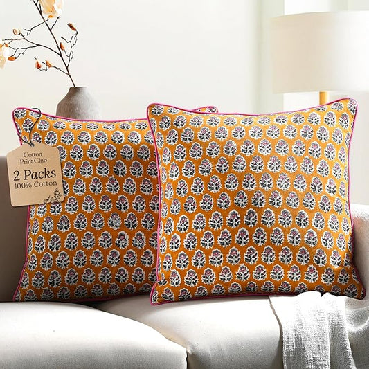 CPC 100% Cotton Throw Pillow Covers 24x24 Inch, Set of 2 Yellow Block Print Pattern Couch Pillow, Cute Boho Decorative Pillows for Living Room, Bedroom with Hidden Zipper- Yellow Citrine