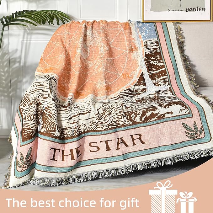 Boho Throw Blanket Reversible Cotton Bohemian Tapestry Hippie Room Decor Double Sided (Boho The Star 50"x60")