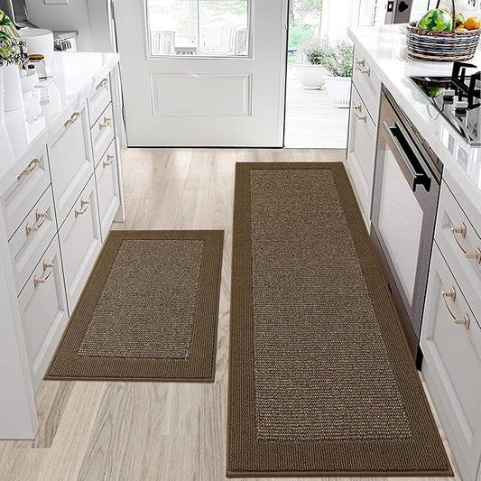 BEQHAUSE Kitchen Rugs and Mats Set of 2 Non-Slip Kitchen Mats for Floor, Absorbent and Stain Resistant Kitchen Runner, Machine Washable Rugs for Kitchen, Laundry & Sink, 24"x36"+24"x60", Brown