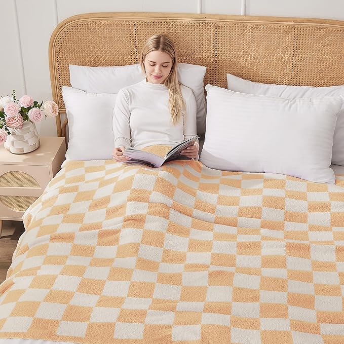 JOOJA Soft Cozy Checkerboard Peach Blanket Fluffy Knit Throw for Couch Plaid Checkered 60x80 in