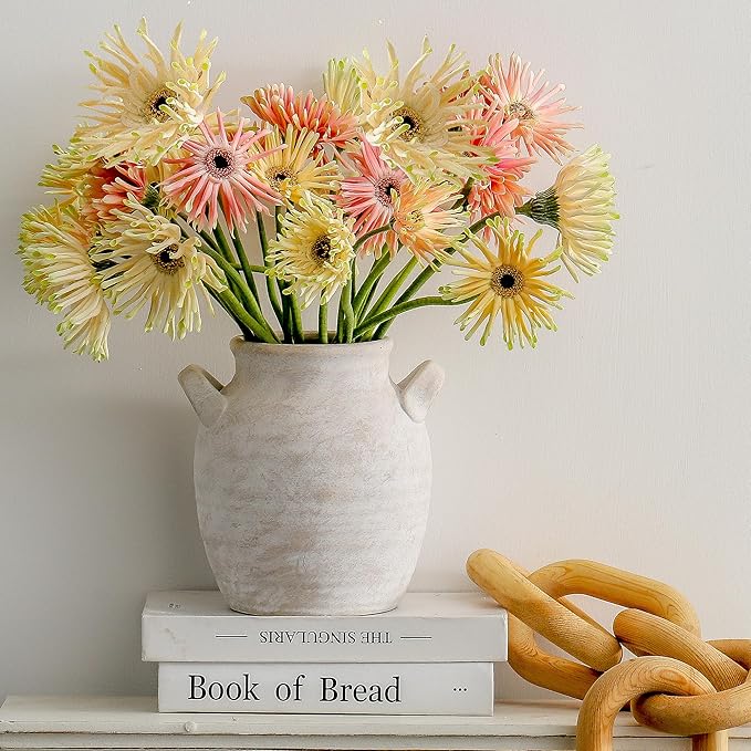 Ceramic Flower Vase Home Decor - Farmhouse Table Vases with Handle Living Room Decoration Vintage Decorative Aesthetic for Shelf Coffee Dining Desk House Bookshelf Fireplace (7.1" Rustic)