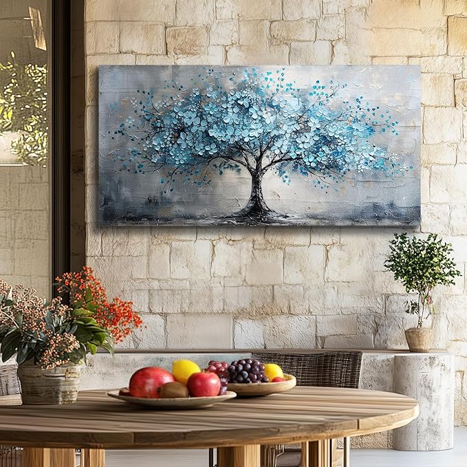 crmotu Tree of Life Large Wall Art for Living Room, Cherry Blossom Abstract Canvas Art Prints, Blue Flowers Tree Pictures Wall Decor, Nature Plant Modern Bedroom Bathroom Office Decor 30"X60"