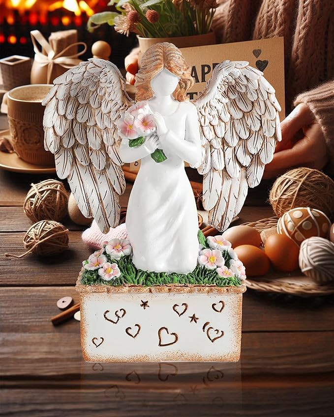 Angelic Embrace - Resin Angel Figurine with Bouquet and Heart Accents Decorative Base - A Gift to Express Unwavering Love, Remembrance, Sympathy, Comfort Healing for Women Girls (Angel)
