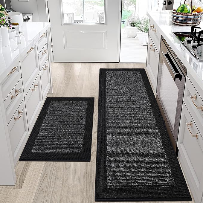 BEQHAUSE Kitchen Rugs and Mats Set of 2 Non-Slip Kitchen Mats for Floor, Absorbent and Stain Resistant Kitchen Runner, Machine Washable Rugs for Kitchen, Laundry & Sink, 24"x36"+24"x60", Black