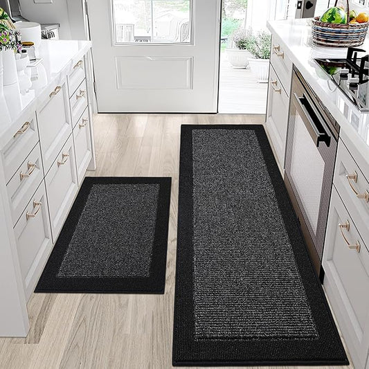 BEQHAUSE Kitchen Rugs and Mats Set of 2 Non-Slip Kitchen Mats for Floor, Absorbent and Stain Resistant Kitchen Runner, Machine Washable Rugs for Kitchen, Laundry & Sink, 24"x36"+24"x60", Black