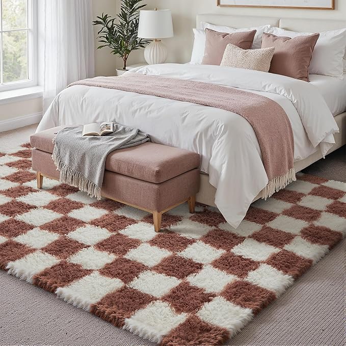 Checkered Rug 8x10 for Living Room, Rose Pink Modern Shag Rug Washable Non-Slip Large Area Rug Super Soft Indoor Fuzzy Carpet Fluffy Rugs for Bedroom Home Aesthetic Decor