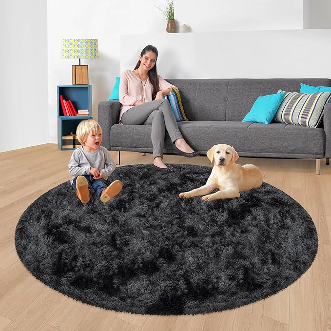 6x6 ft Tie Dye Black Round Rug for Bedroom Room Fluffy Circle Rug Furry Carpet Shaggy Circular Fuzzy Washable Non-Slip Large Area Rug Soft Indoor for Living Room Cute Aesthetic Home Decor