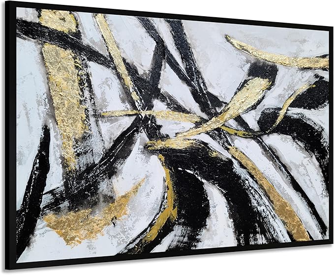 Yihui Arts Black White Canvas Wall Art - Hand Painted Modern Abstract Oil Painting with Gold Foil and Floating Frame