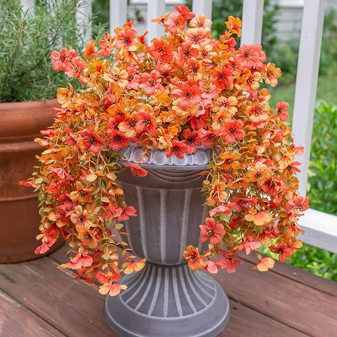 Artificial Flowers for Outdoors Fall Decoration, 2Pcs Fall Orange Yellow Hanging Flowers with Autumn Eucalyptus Leaves Faux Silk Flower Decor for Home Porch Patio Balcony Planter Yard