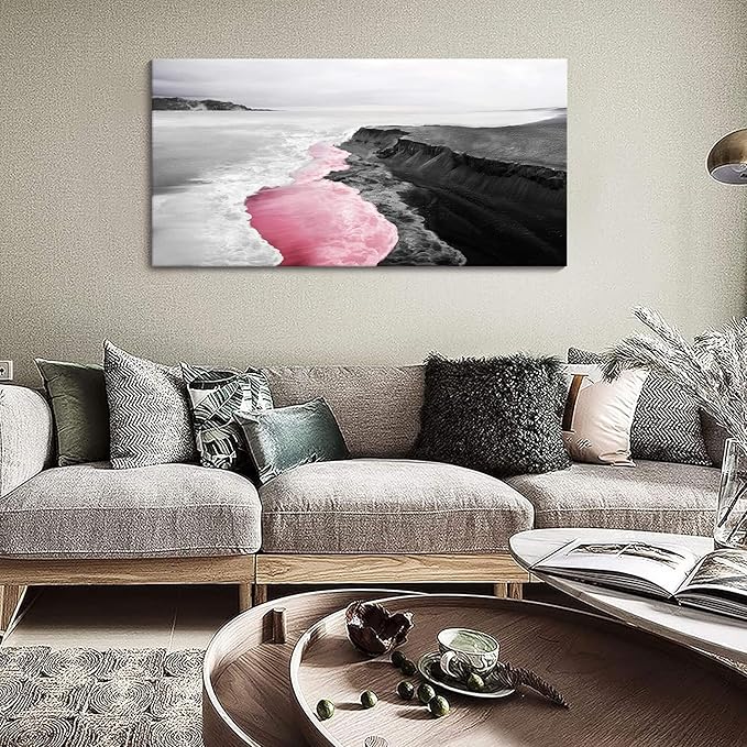 YCPRIMER Pink Canvas Wall Beach Black and White Picture for Living Room Largre Artwork for Wall Coastal Ocean Seascape Painting bedroom Decor Above Bed 24×48IN