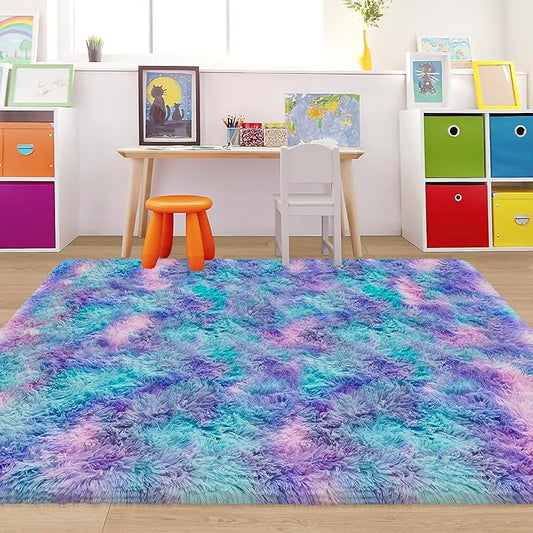 Tie-Dye Purple Rainbow Fluffy Rug for Bedroom 4x6ft Soft Shag Area Rug Mat Bedside Throw Rug for Living Room Kids Room Boys Teens Nursery Baby Dorm Office Home Decor Carpets