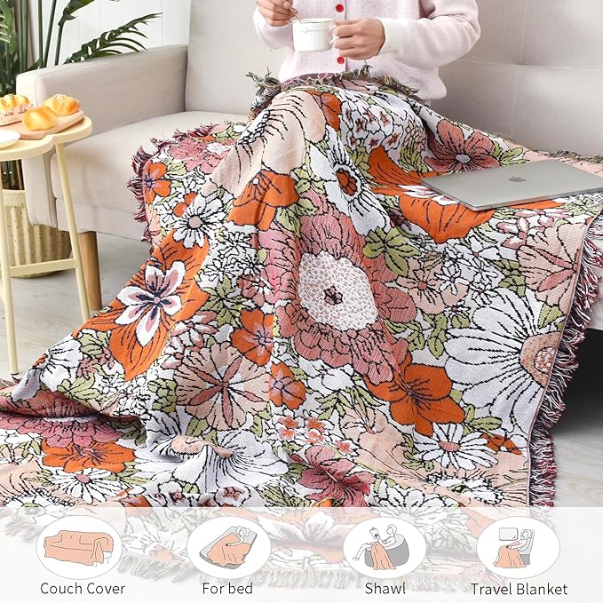 Boho Throw Blanket Reversible Cotton Bohemian Tapestry Hippie Room Decor Outdoor Blanket Double Sided (Boho Flower 50"x60")