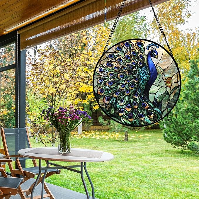 Stained Glass Window Hanging, Blue Green Peacock Decor Suncatcher for Door Garden Home Decoration Bird Sun Catchers Christmas Mother's Day Birthday Gifts for Women Men Mom Nana Friend 6.3 in