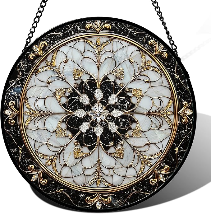 Stained Glass Window Hanging, Black and White Gold Boho Pattern Suncatcher for Doors Window Home Abstract Flower Sun Catchers Decor Mother's Day Birthday Gifts for Women, Men Mom 6.3 in