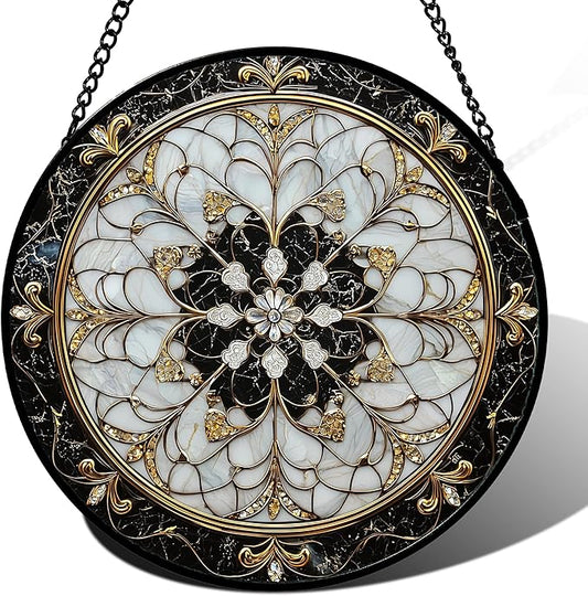 Stained Glass Window Hanging, Black and White Gold Boho Pattern Suncatcher for Doors Window Home Abstract Flower Sun Catchers Decor Mother's Day Birthday Gifts for Women, Men Mom 6.3 in