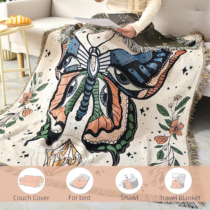 Boho Throw Blanket Reversible Cotton Bohemian Tapestry Hippie Room Decor Outdoor Blanket Double Sided (Month Moth White, 50"x60")