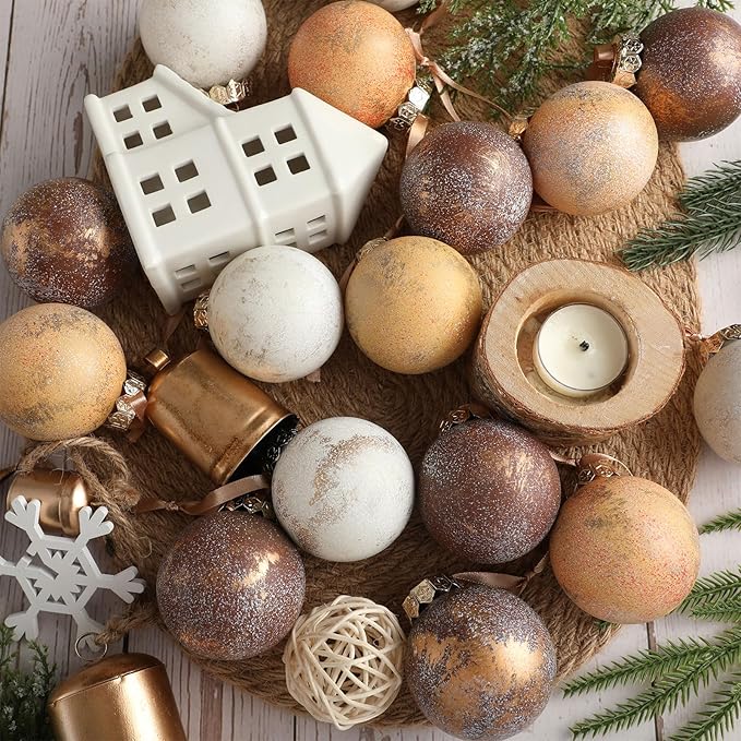 12 Pcs Neutral Textured Christmas Ball Ornaments 2.36'' Vintage Christmas Tree Decor Modern Rustic Brown Ornaments with Loop Shatterproof Hanging Ball for Xmas Farmhouse Decor (Light Brown)