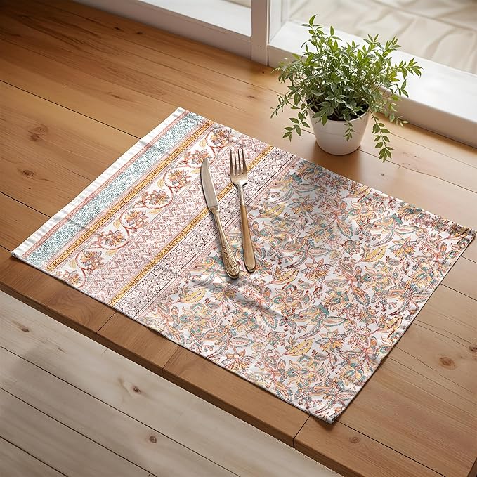 Maison d' Hermine Placemats Set of 4 100% Cotton Washable Cloth Place Mats, Reusable Table Mats for Kitchen Dining Decoration, Party, Wedding, Restaurant (Nila, 13" x 19")