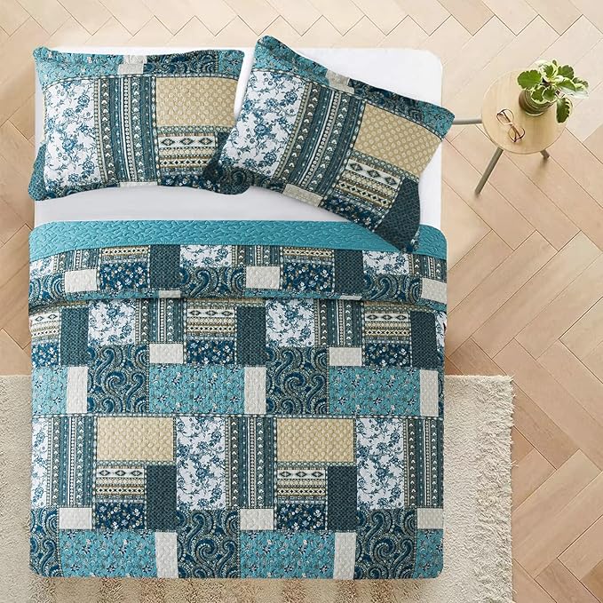 VAPUTAR Quilts Queen Size - 3 Piece Cotton Quilted Bedspread Coverlet, Soft Lightweight Quilted Bedding Set, Patchwork Boho Quilt with Pillowcovers Suitable for All Season and Room Decor (Dream Blue)