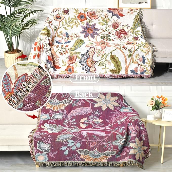 Boho Throw Blanket Reversible Cotton Bohemian Tapestry Hippie Room Decor Double Sided (Boho Flower Dark 50"x60")