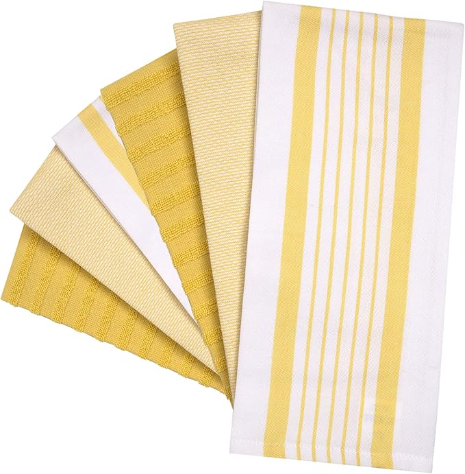 Premium Kitchen Towels (20”x 28”, 6 Pack) – Large Cotton Kitchen Hand Towels – Striped Flat & Terry Towel – Highly Absorbent Tea Towels Set with Hanging Loop – Yellow
