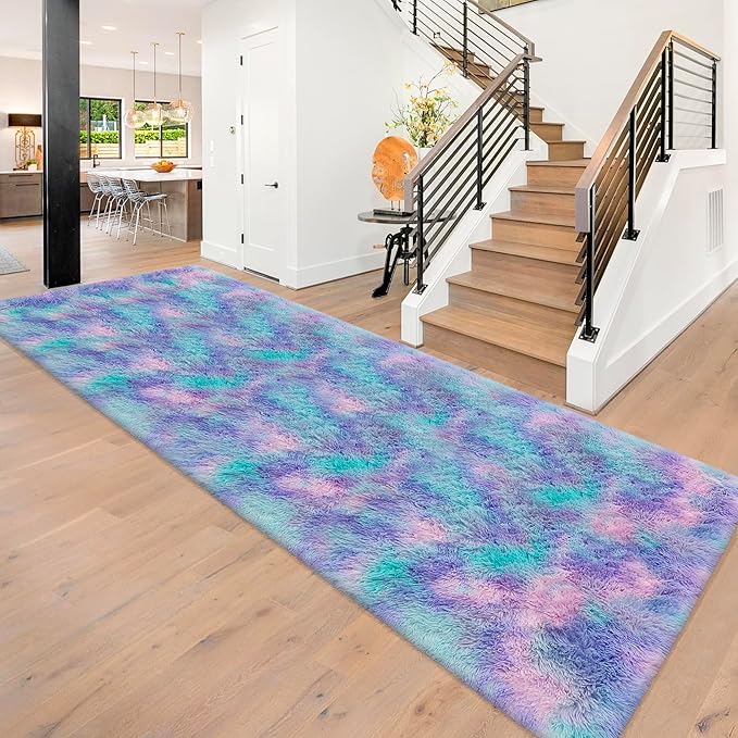 Super Soft Fluffy Living Room Area Rug 3x10 ft Purple Rainbow Tie-Dyed Shaggy Furry Carpet Washable Non-Slip Carpets Bedroom Bedside Nursery Rug Cute Colorful Room Decor for Girls