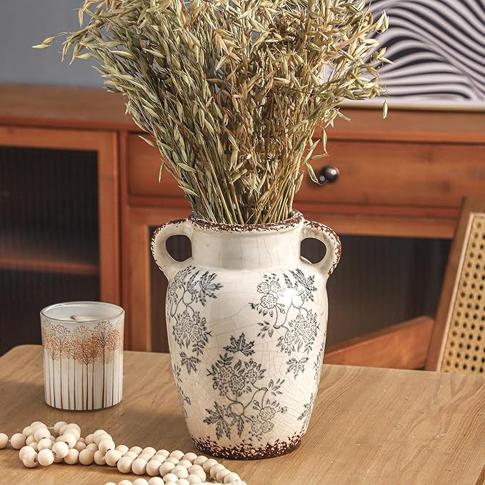 Enra Vintage vase with Handle,9.4 inch Blue and White Ceramic Decorative Flower vase, Chinoiserie Floral Vase,Large Rustic Vases for Home Decors, Living Room, Bookshelf, Office