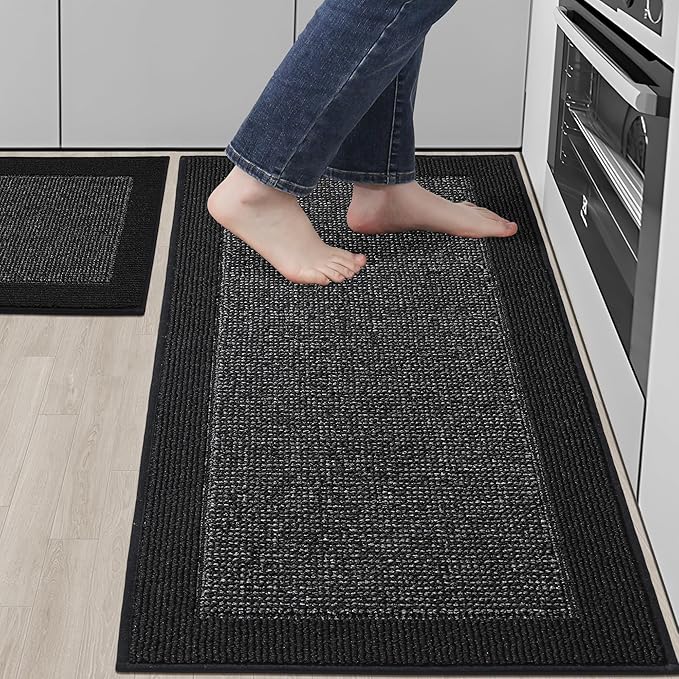 BEQHAUSE Kitchen Rugs and Mats Set of 2 Non-Slip Kitchen Mats for Floor, Absorbent and Stain Resistant Kitchen Runner, Machine Washable Rugs for Kitchen, Laundry & Sink, 20"x32"+20"x48", Black
