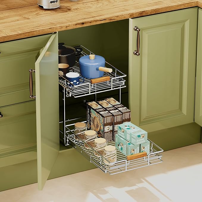 Pull Out Cabinet Organizer(11" W x 21" D), 2 Tier Wire Basket Slide Out Shelf Storage with Wood Handle, Pull Shelf Drawers for 12-1/4” Cabinet Opening, Chrome